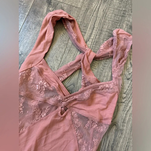 Free People Sheer Things Lace Trim Mesh Bodysuit In Smoke Rose - Picture 6 of 8
